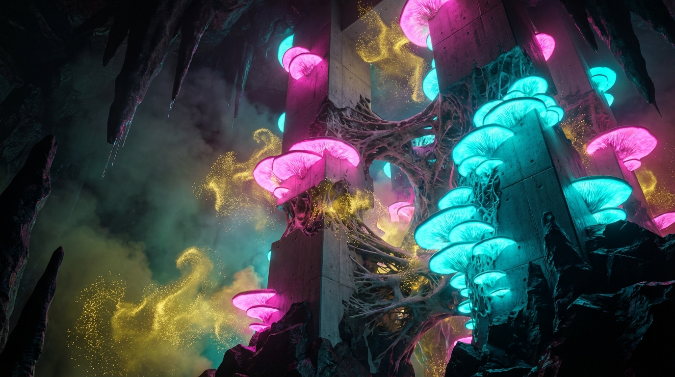 Generated artwork from bioluminescent-brutalist-mycology