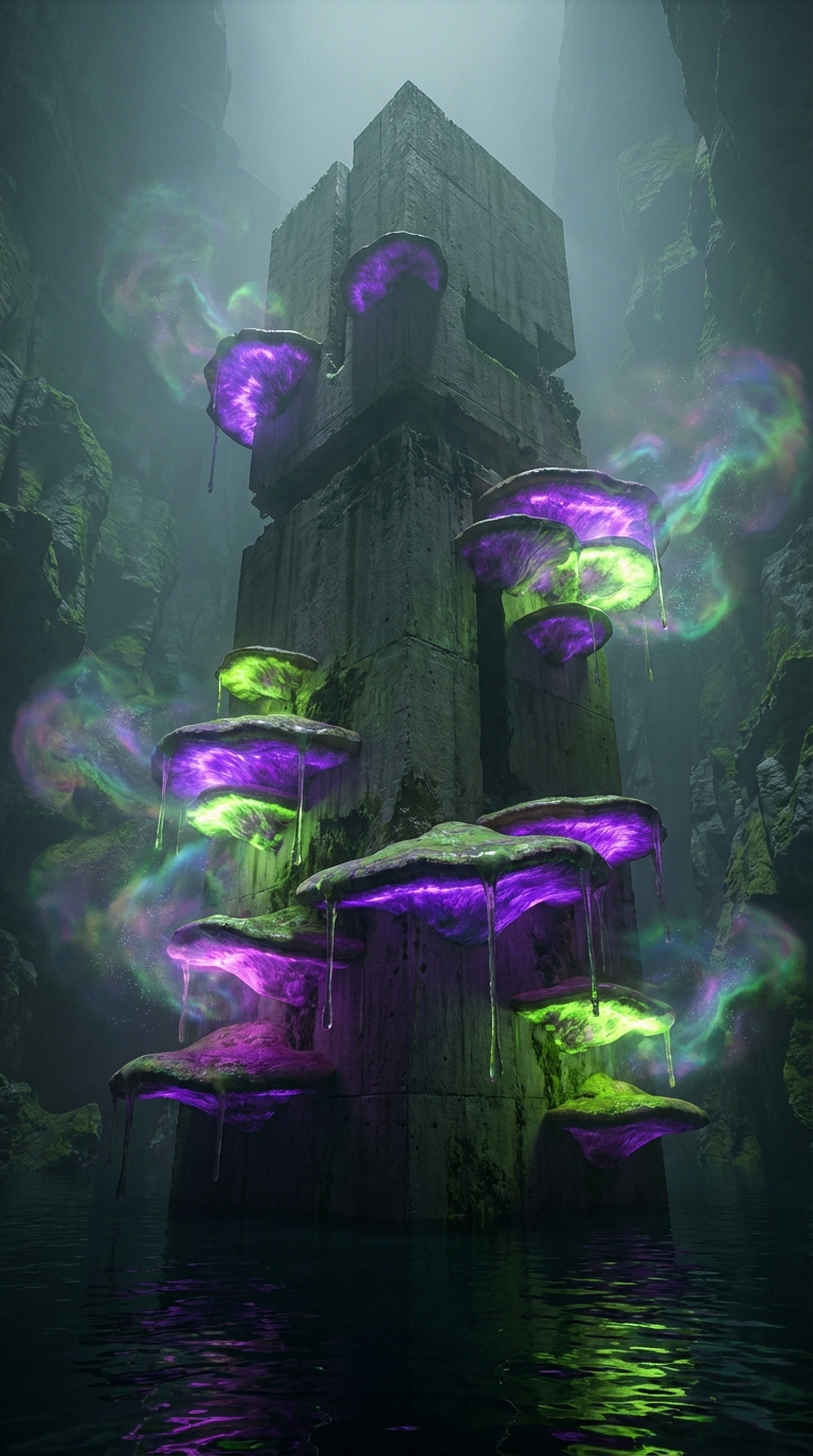 Generated artwork from bioluminescent-brutalist-mycology