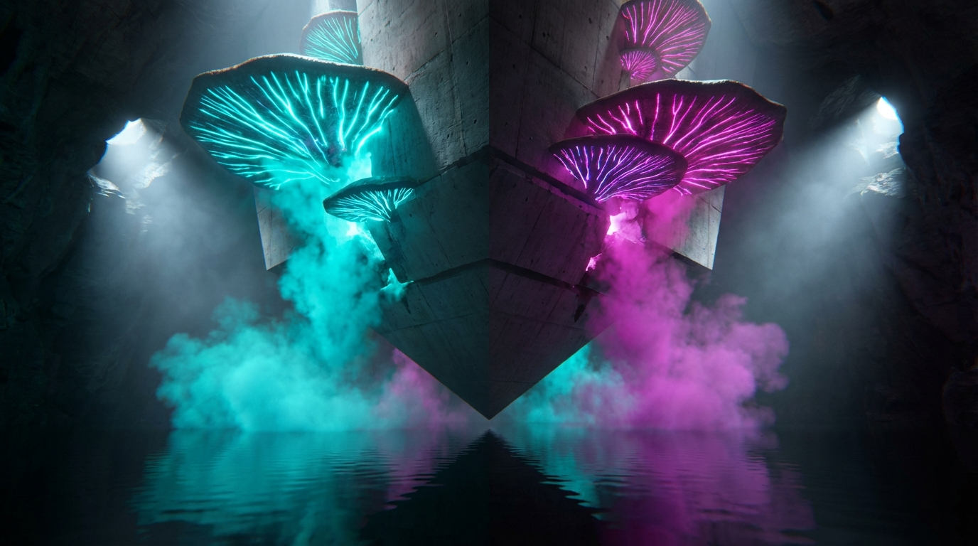 Generated artwork from bioluminescent-brutalist-mycology